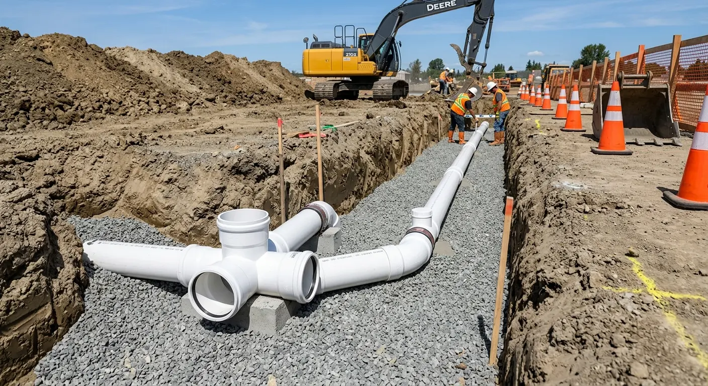New PVC sewer pipe installation in open trench for Sewer Camera Inspection in Wynne
