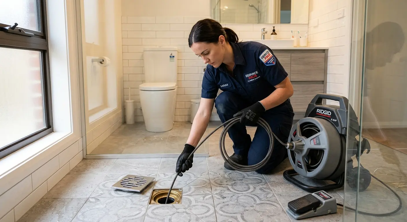 Technician clearing a bathroom floor drain for Sewer Line Installation in Wynne